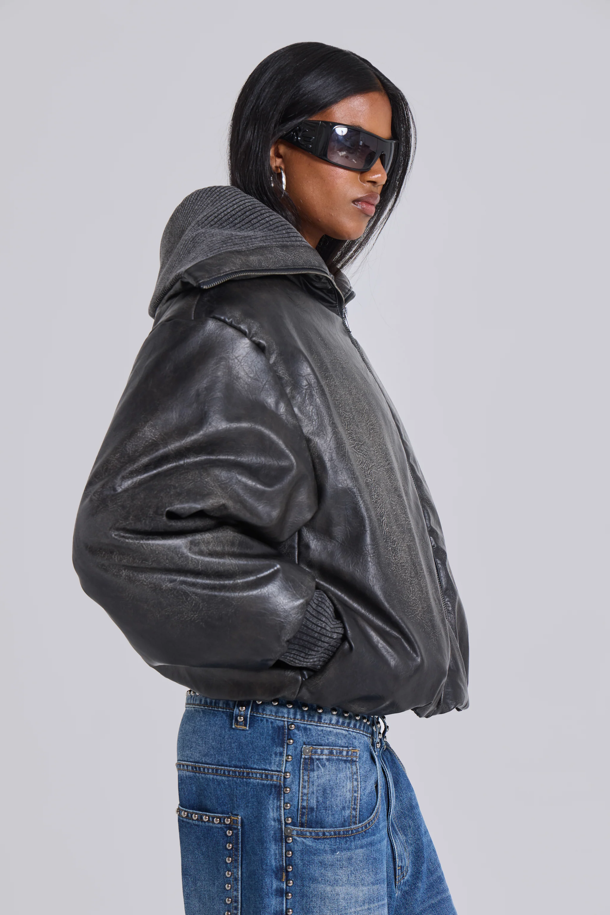 Black Alloy Vegan Leather Bomber Jacket - Image 4