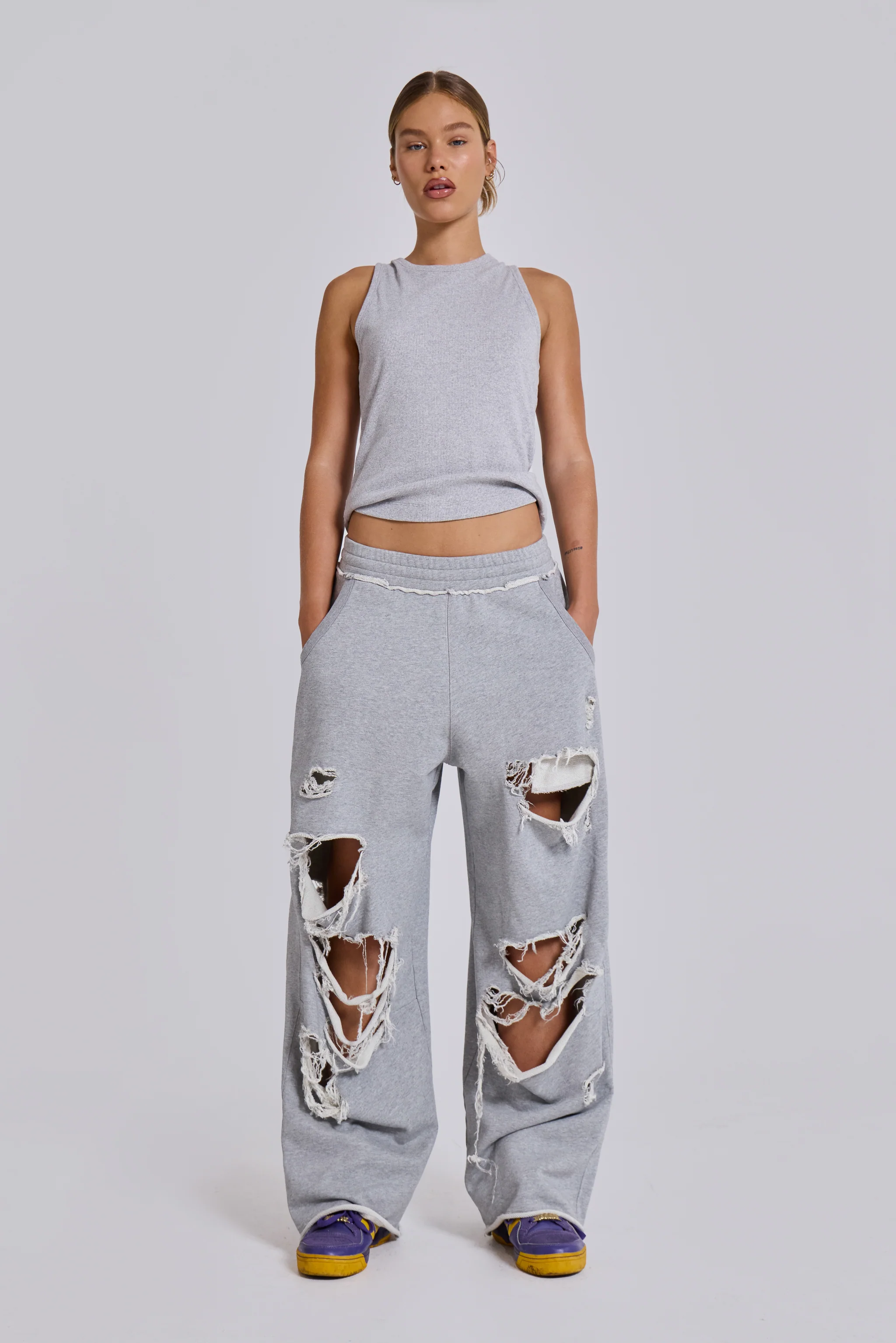 Distressed Grey Marl Baggy Monster Joggers - Image 8