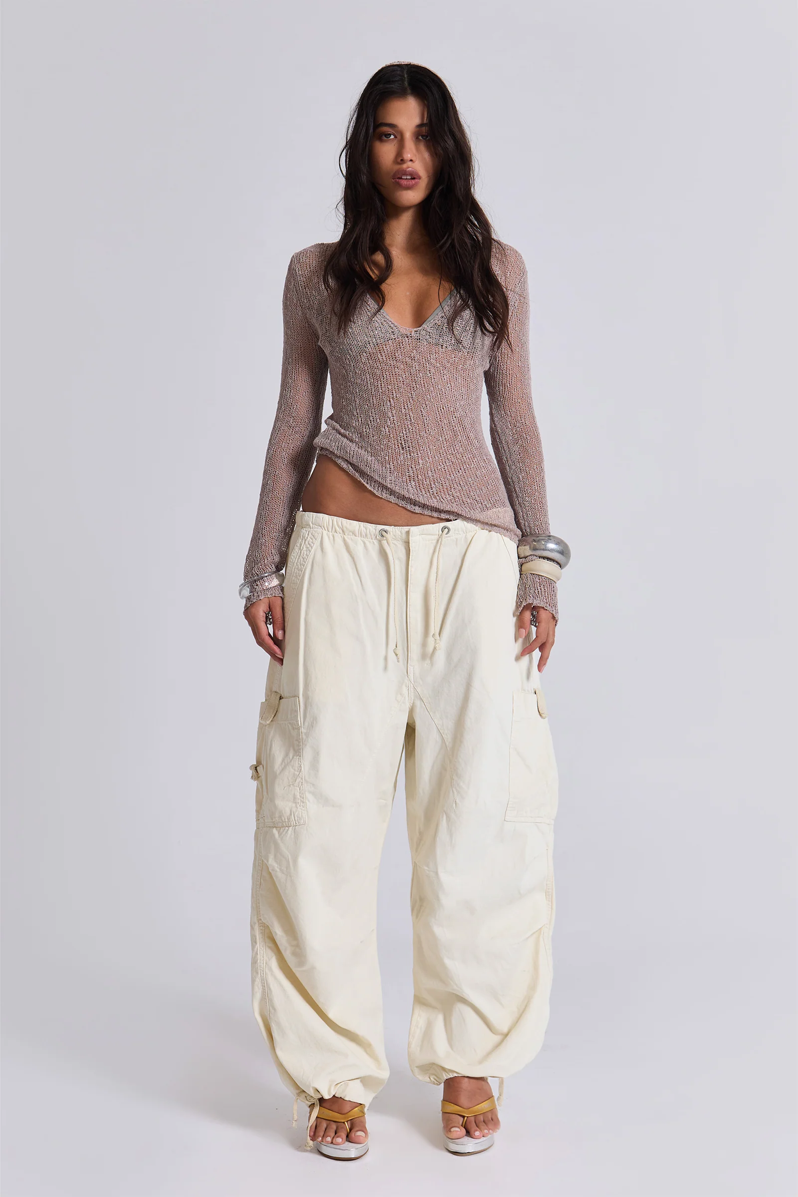 Ecru Parachute Cargo Pants - Image 11