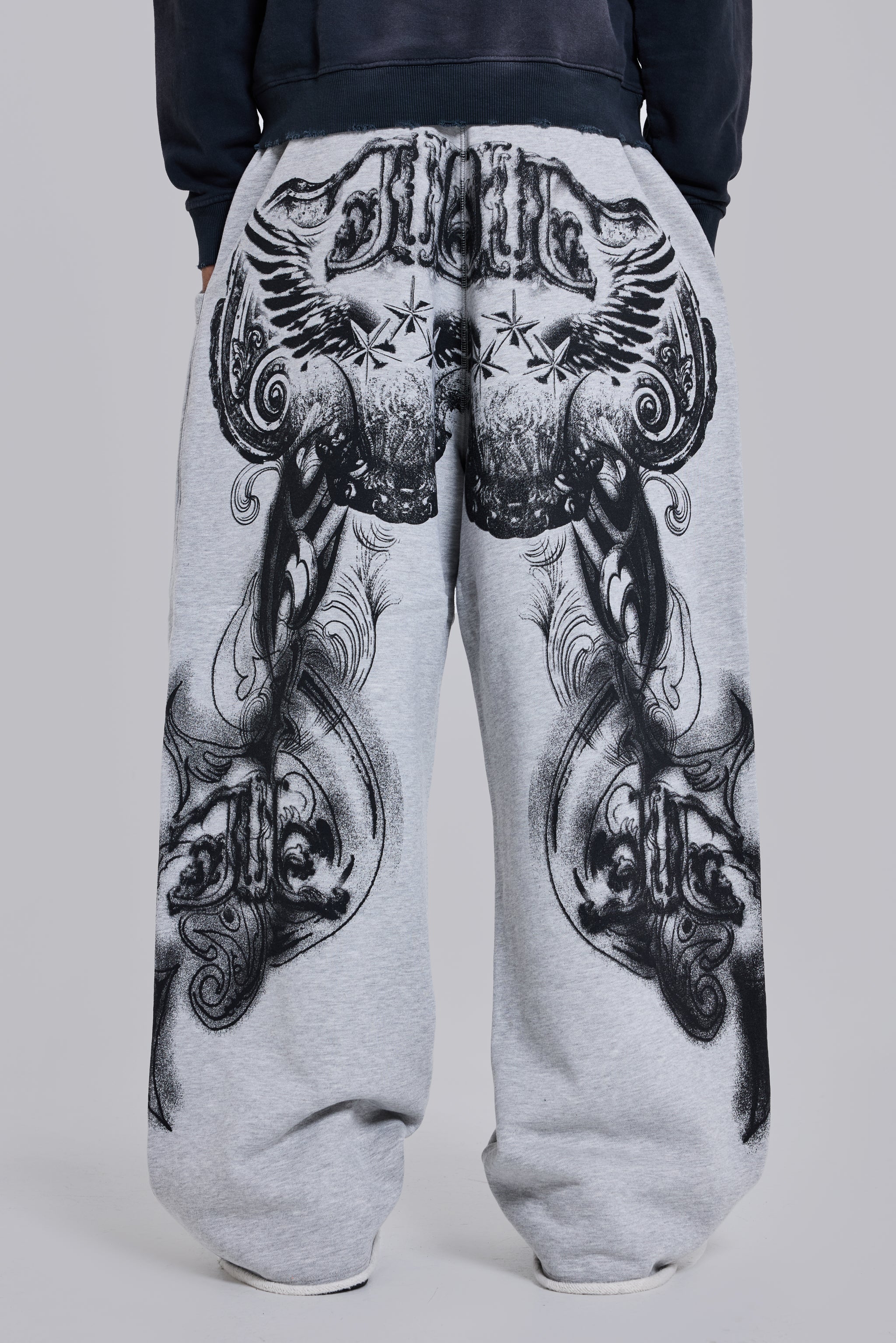 Grey Marl Gothic Print Baggy Monster Joggers - Image 5