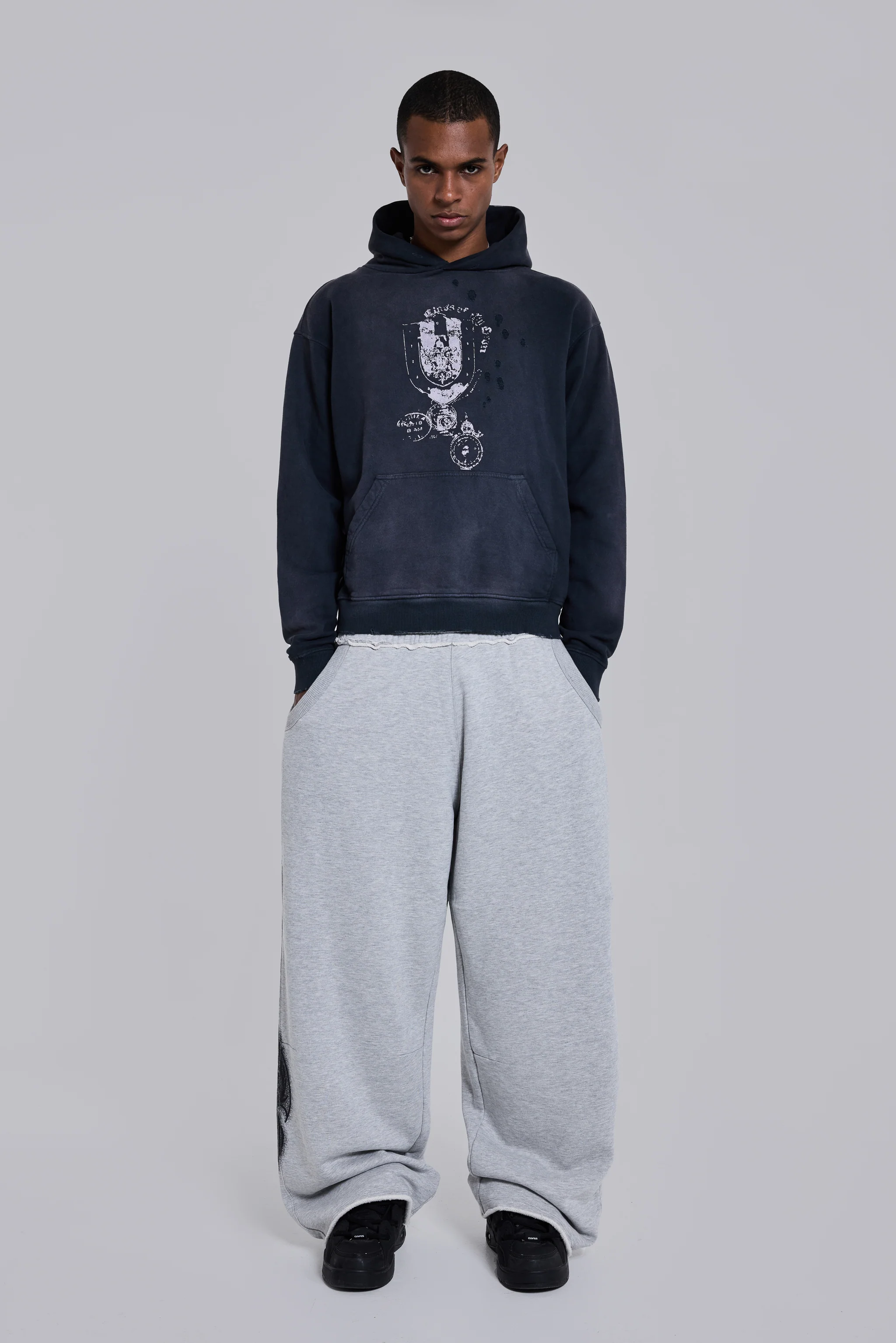 Grey Marl Gothic Print Baggy Monster Joggers - Image 8