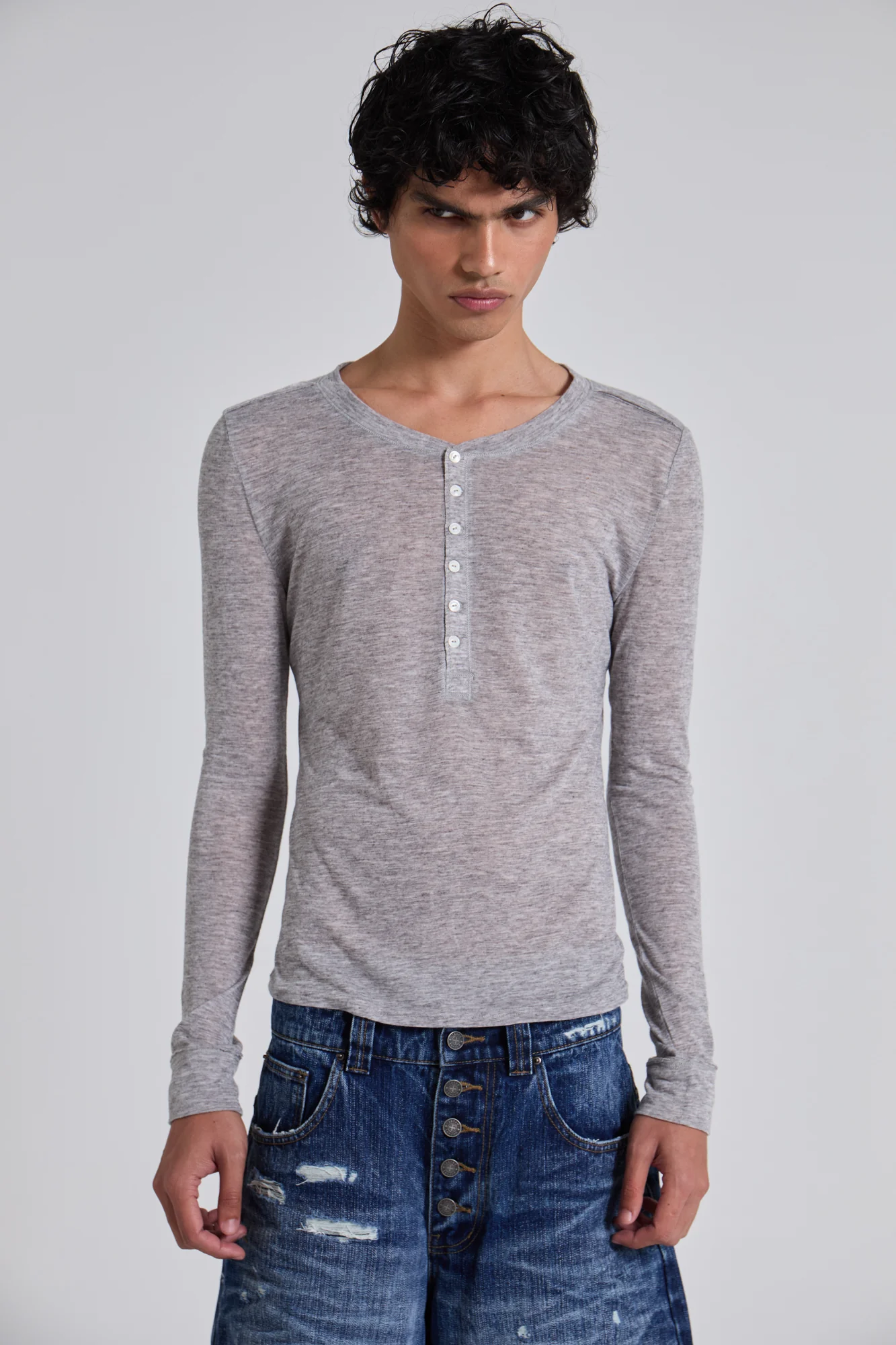 Grey Marl Haze Henley Top - Image 7